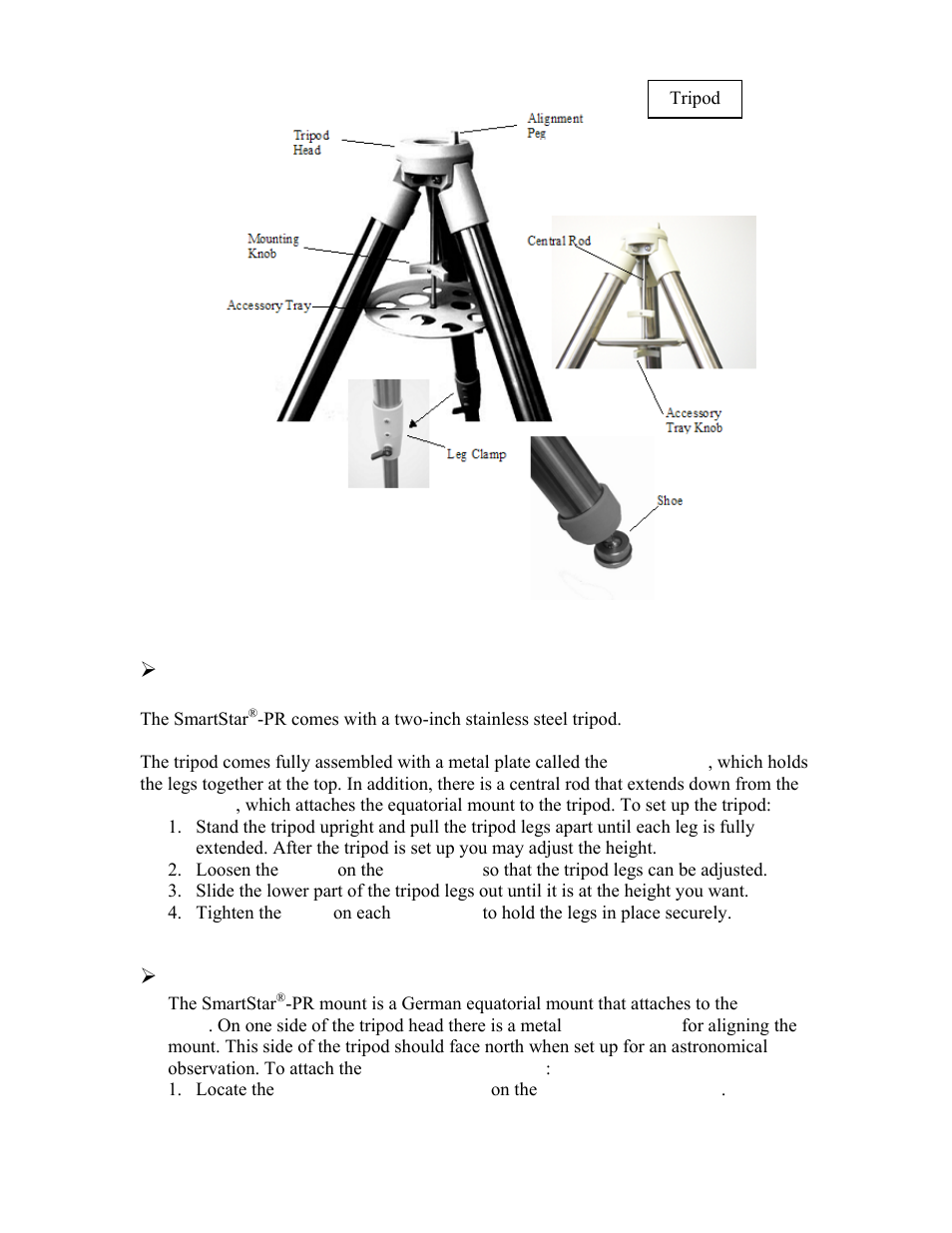 Set up the tripod, Attach the equatorial mount and accessory tray | iOptron SmartStar -PR EQ User Manual | Page 4 / 23