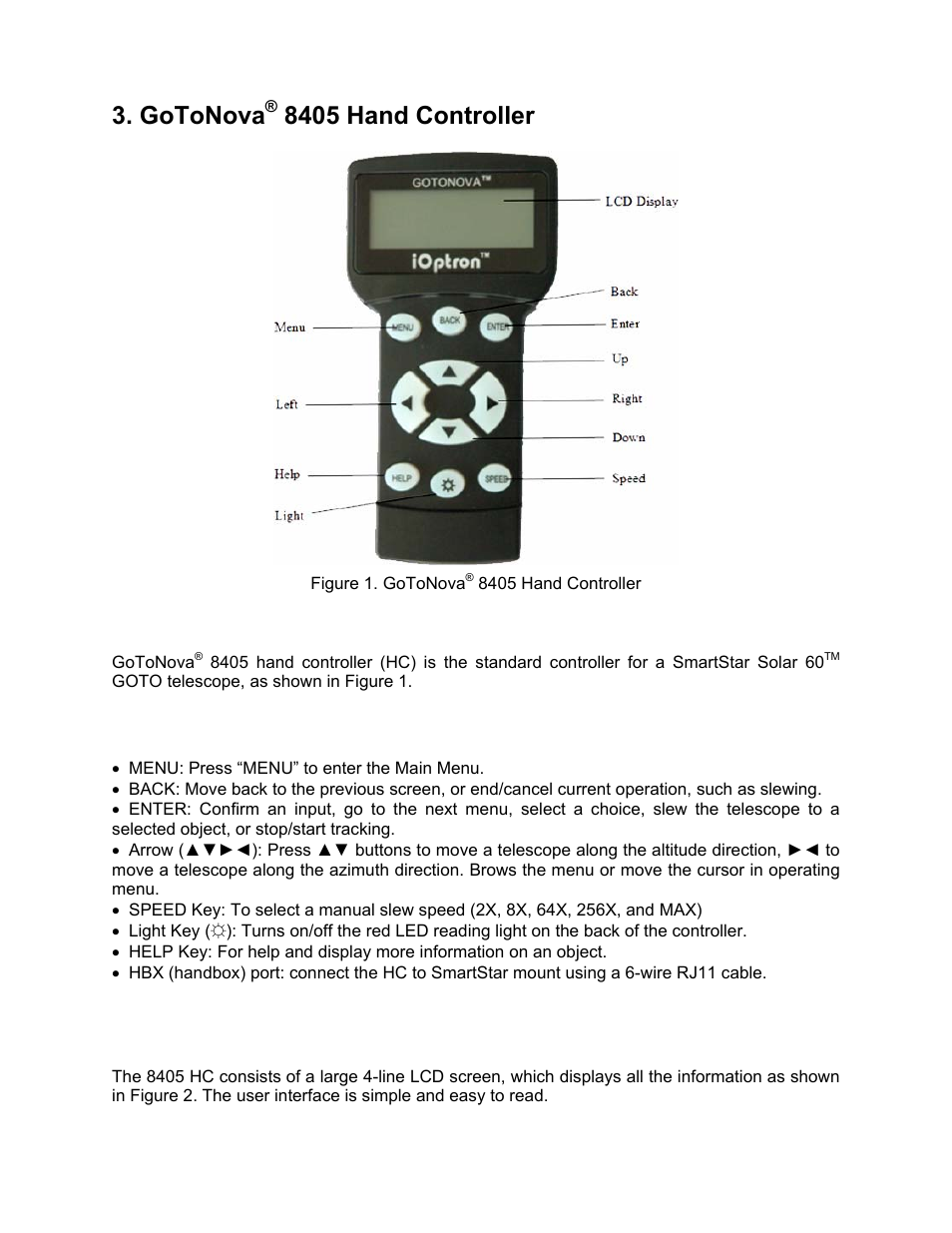 Gotonova, 8405 hand controller, Key description | The lcd screen | iOptron SMARTSTAR 8507 User Manual | Page 8 / 49