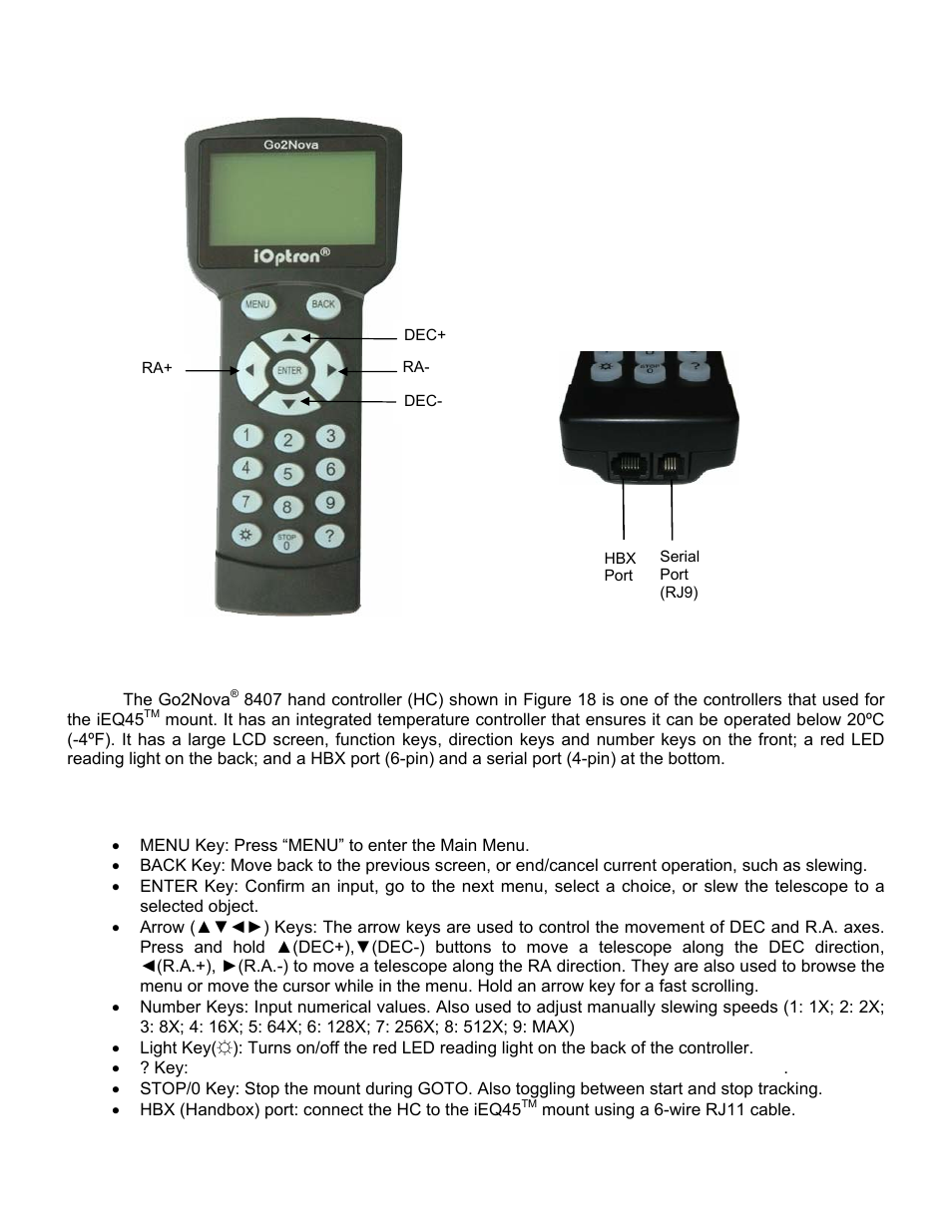 Go2nova, 8407 hand controller, Key description | iOptron SMARTSTAR IEQ45TM User Manual | Page 17 / 46