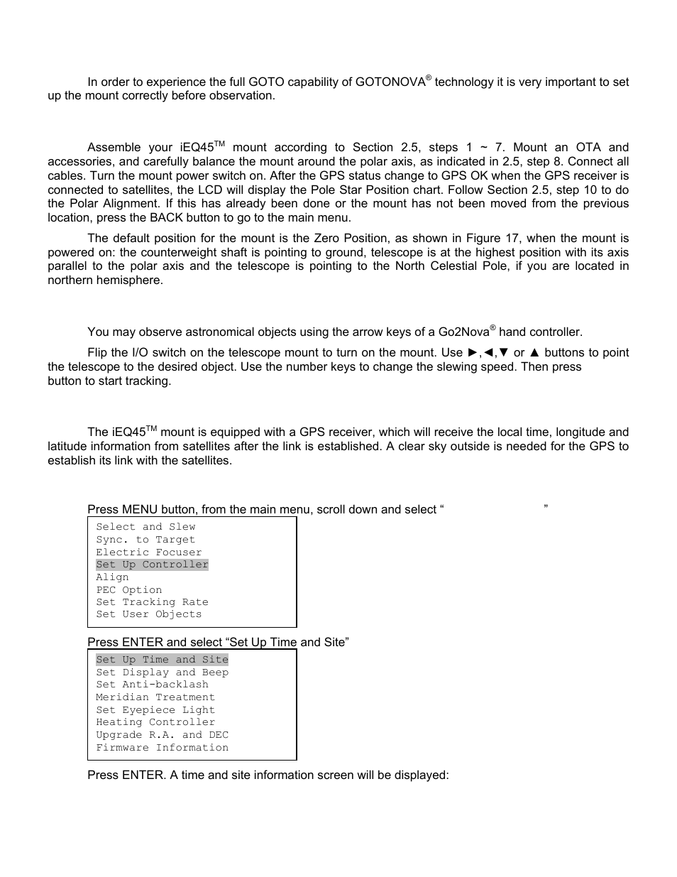 Getting started, Setup the mount and polar alignment, Manual operation of the mount | Setting up the hand controller | iOptron SMARTSTAR IEQ45TM User Manual | Page 20 / 46