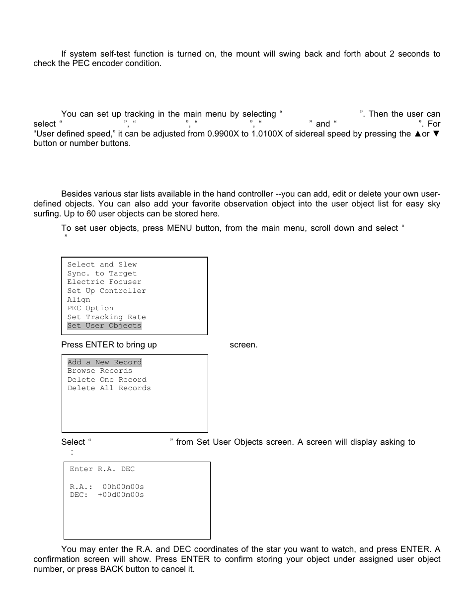 Set tracking rate, Set user objects | iOptron SMARTSTAR IEQ45TM User Manual | Page 30 / 46