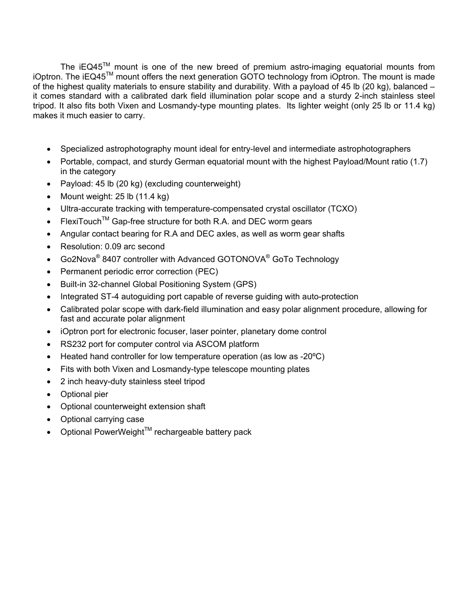 Ieq45, Mount overview | iOptron SMARTSTAR IEQ45TM User Manual | Page 4 / 46