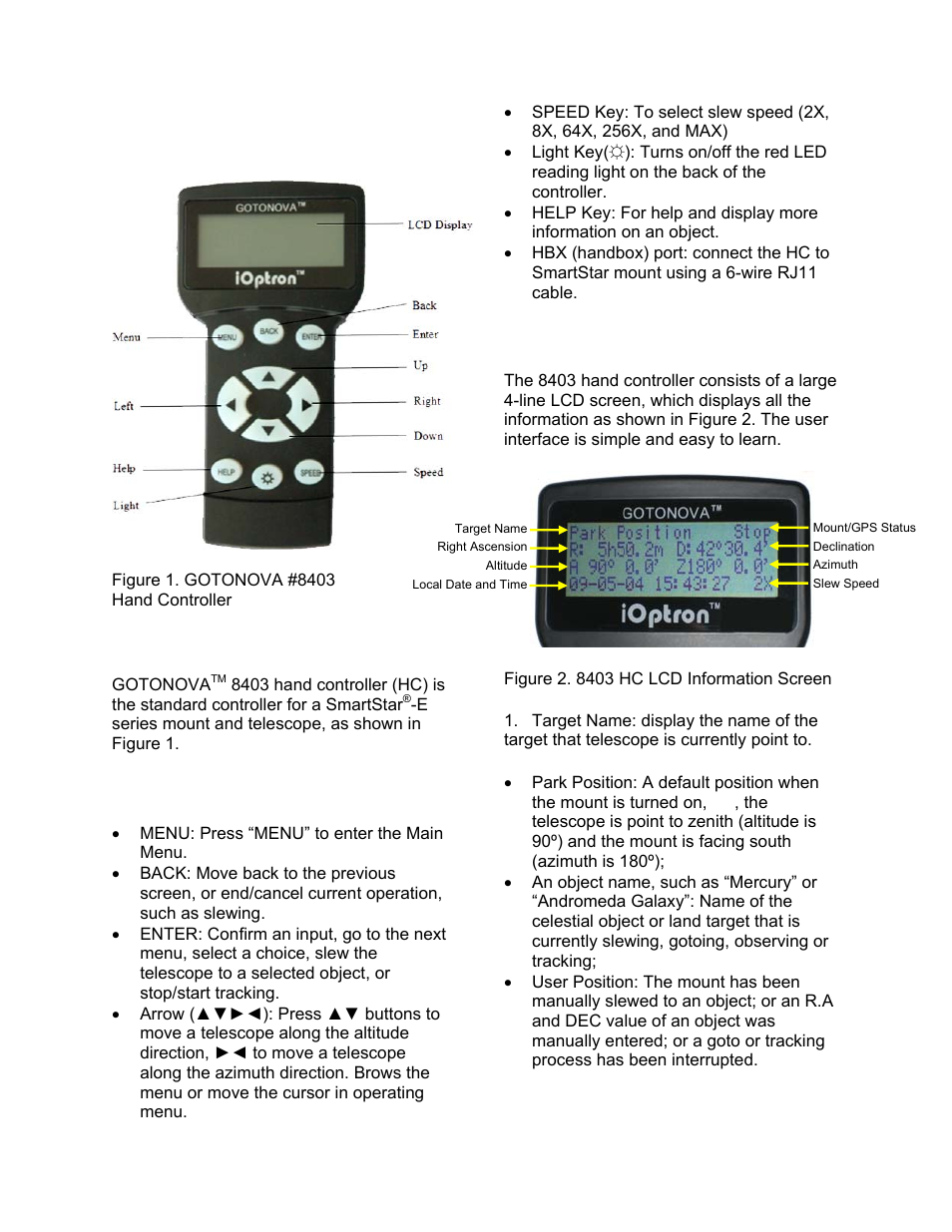 Gotonova, 8403 hand controller, Key description | The lcd screen | iOptron SmartStar 8403 User Manual | Page 10 / 32