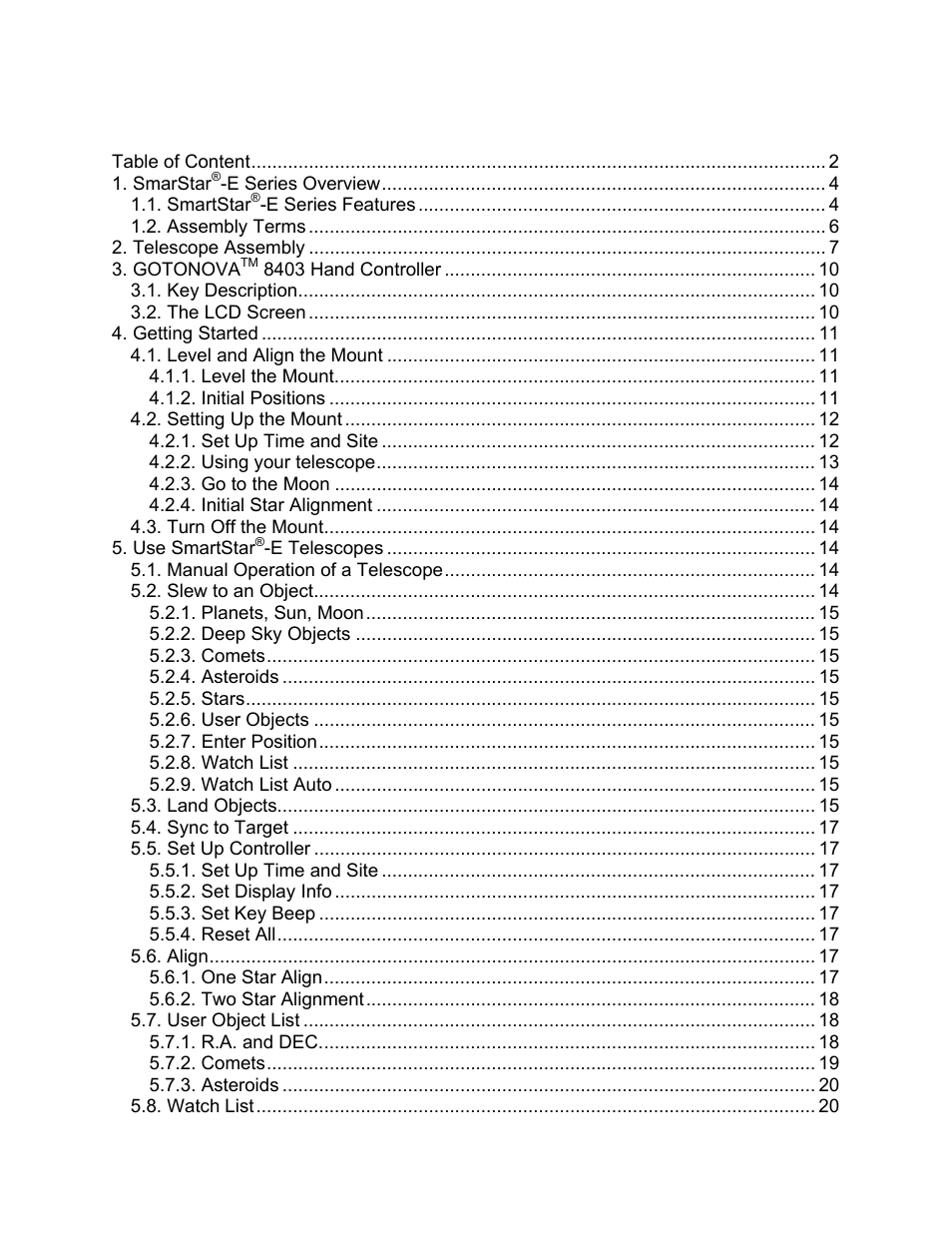 Table of content | iOptron SmartStar 8403 User Manual | Page 2 / 32