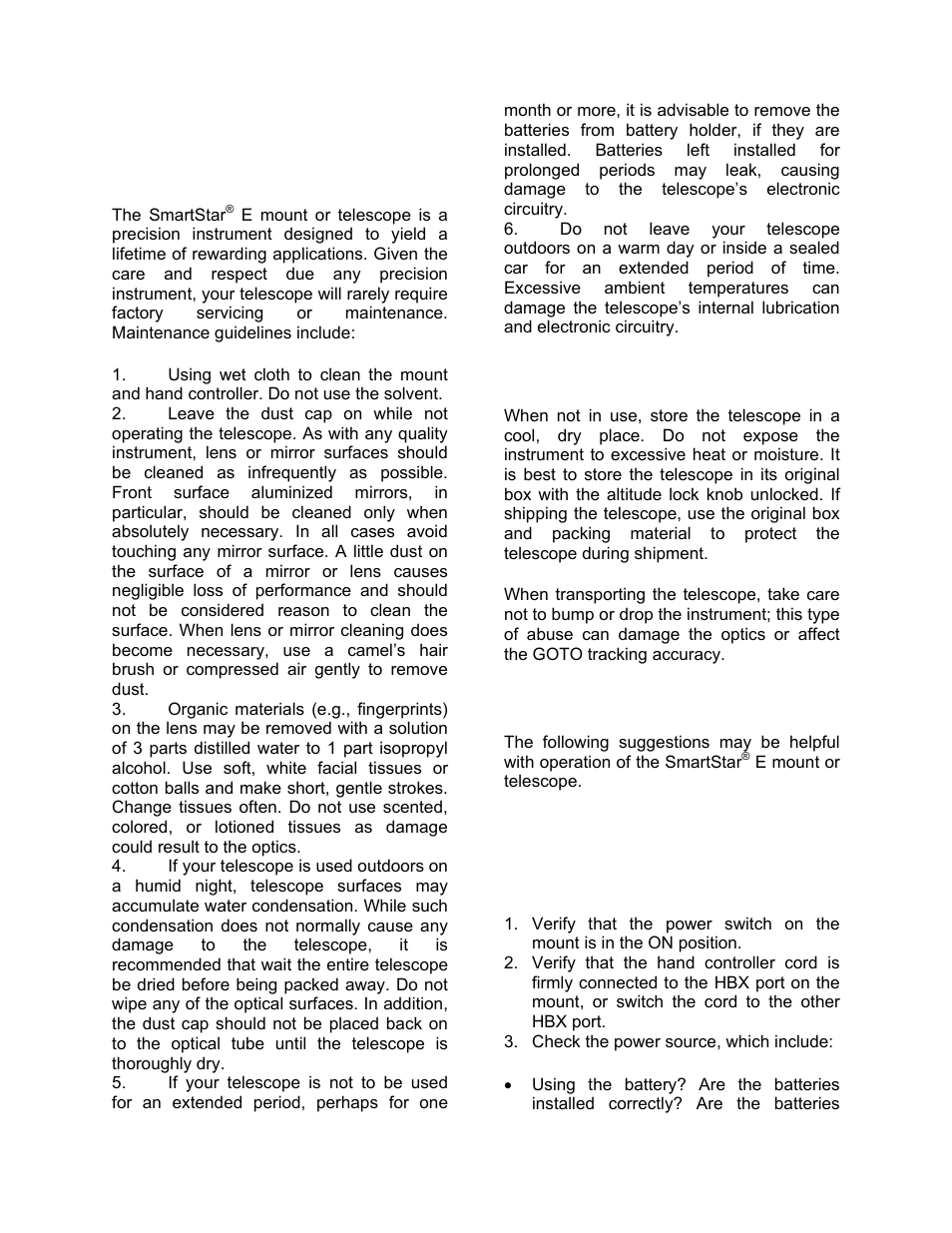 Maintenance and servicing, Maintenance, Storage and transport | Troubleshooting | iOptron SmartStar 8403 User Manual | Page 21 / 32