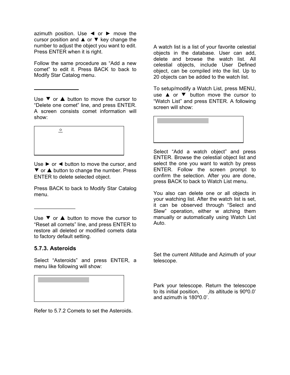 Watch list, Set telescope coord, Park scope | iOptron SmartStar 8405 User Manual | Page 19 / 38