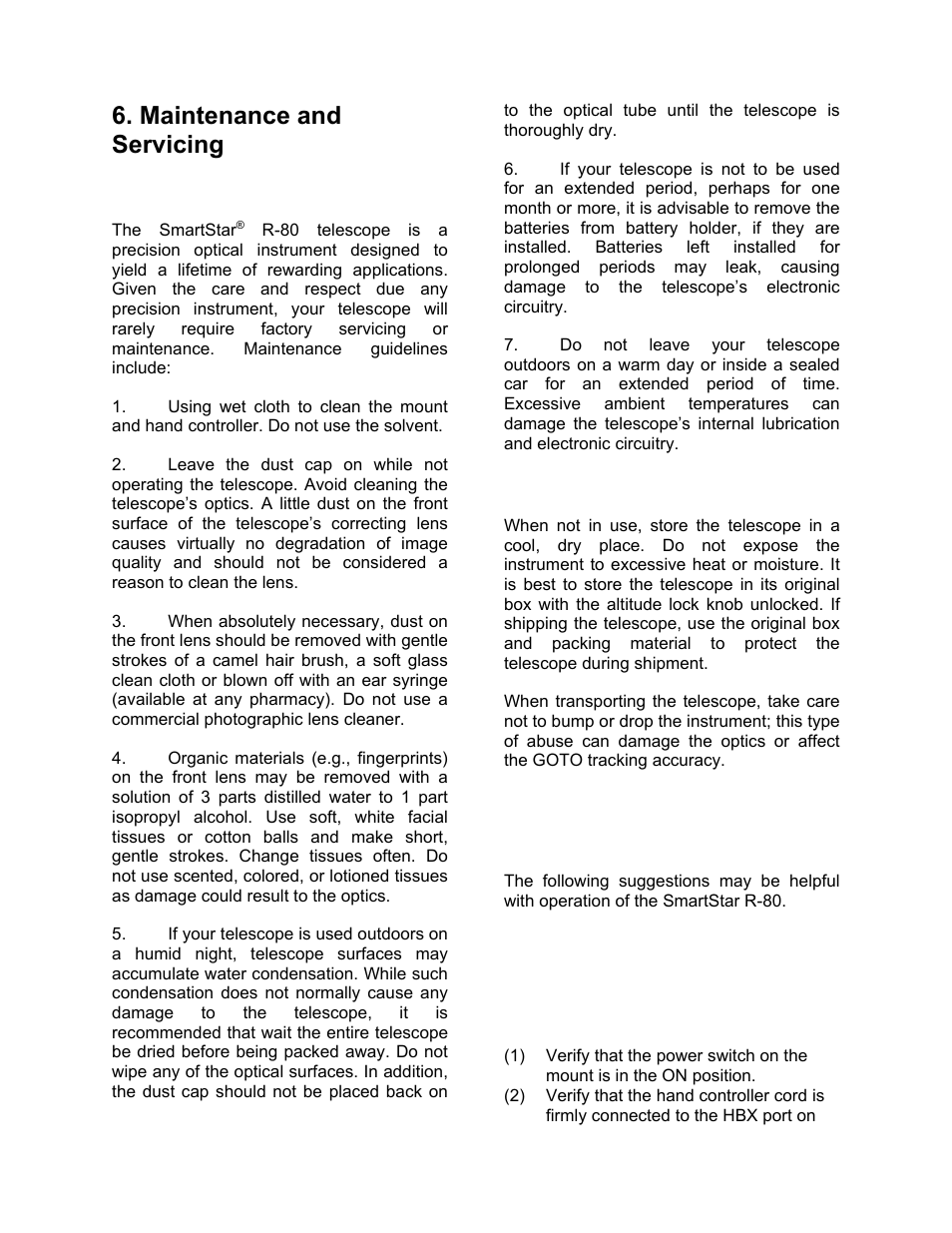 Maintenance and servicing, Maintenance, Storage and transport | Troubleshooting | iOptron SmartStar 8405 User Manual | Page 20 / 38