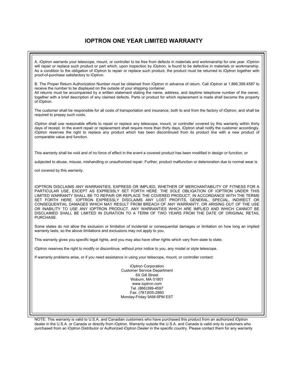 38 ioptron one year limited warranty | iOptron SmartStar 8405 User Manual | Page 38 / 38