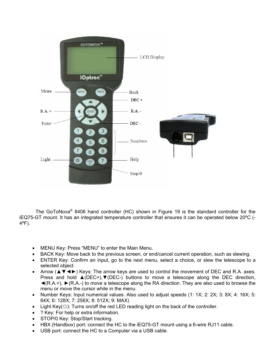 Gotonova, 8406 hand controller, Key description | iOptron SMARTSTAR IEQ75-GTTM User Manual | Page 16 / 41