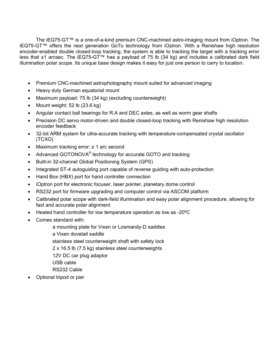 Ieq75-gt, Overview | iOptron SMARTSTAR IEQ75-GTTM User Manual | Page 4 / 41