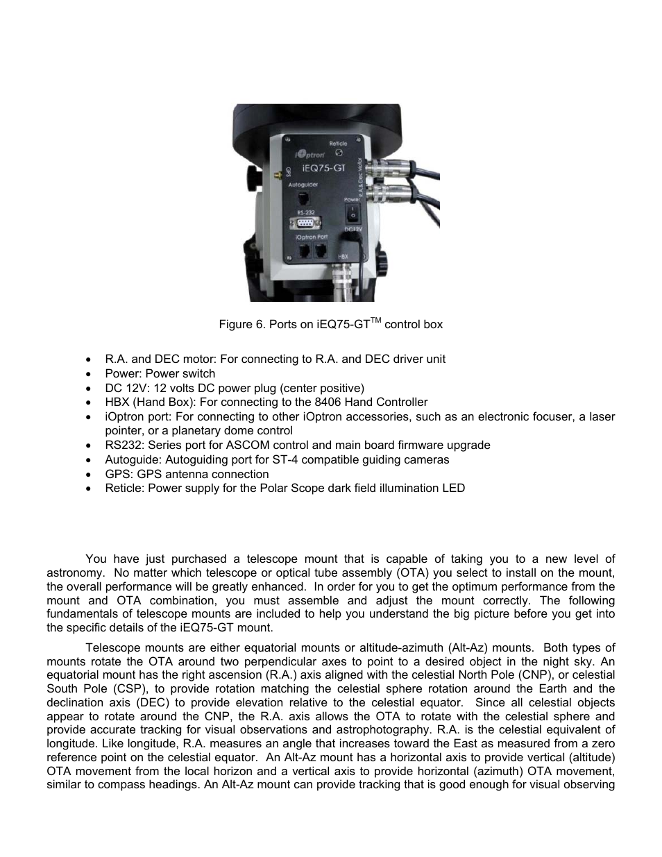 Ieq75-gt, Ports, Introduction | iOptron SMARTSTAR IEQ75-GTTM User Manual | Page 8 / 41