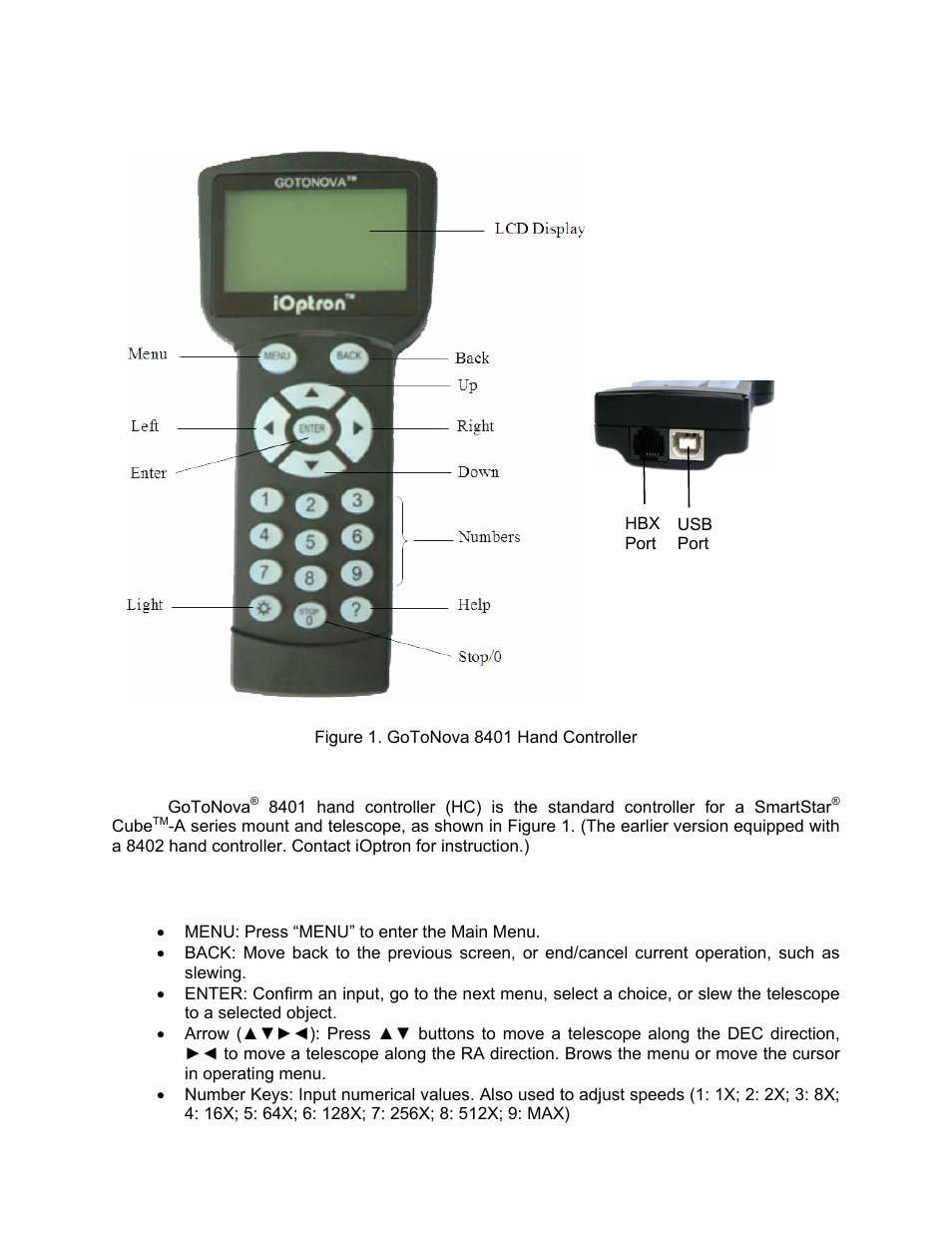 Gotonova, 8401 hand controller, Key description | iOptron SMARTSTAR CUBE 8603 User Manual | Page 10 / 48