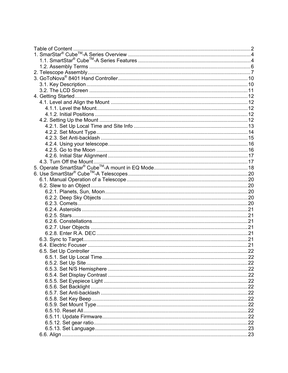 Table of content | iOptron SMARTSTAR CUBE 8603 User Manual | Page 2 / 48