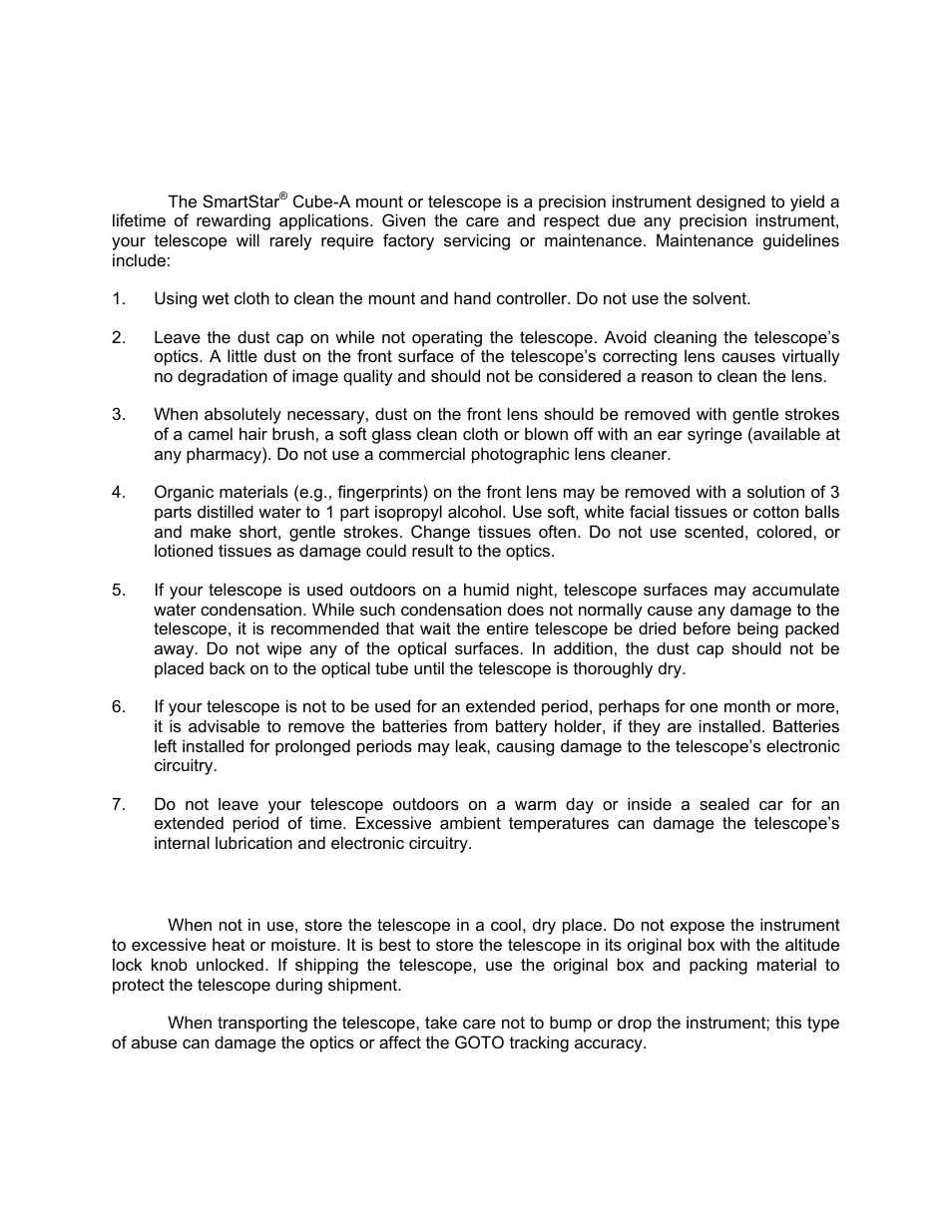 Maintenance and servicing, Maintenance, Storage and transport | iOptron SMARTSTAR CUBE 8603 User Manual | Page 25 / 48
