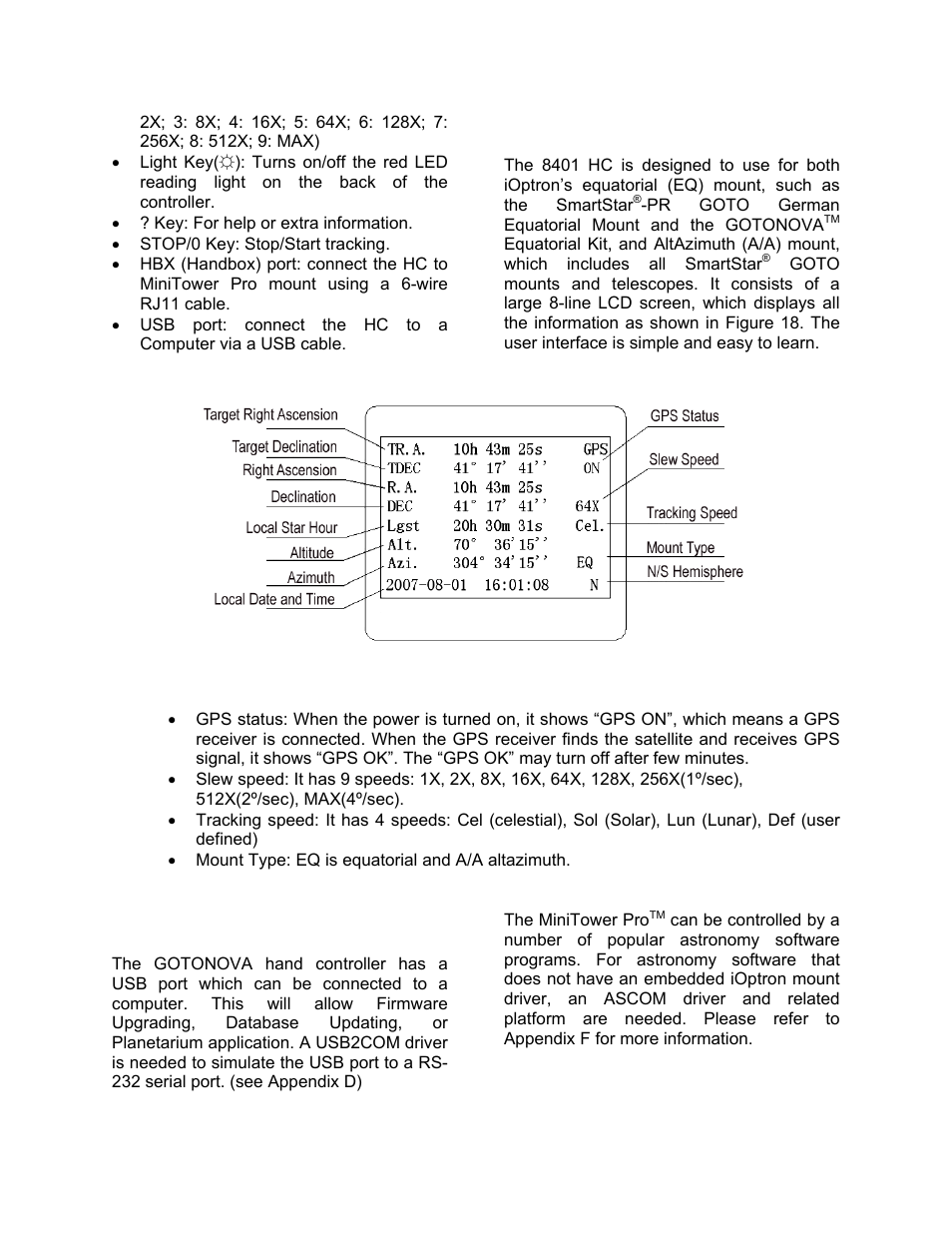 The lcd screen, Connection to a computer | iOptron SmartStar MiniTower Pro User Manual | Page 13 / 47
