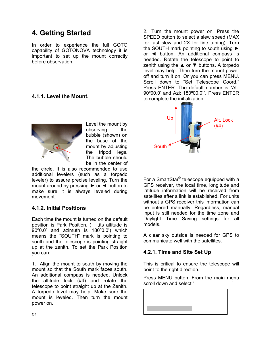 Getting started, Level and align the mount, Setting up the mount | iOptron SmartStar 9503 User Manual | Page 10 / 38