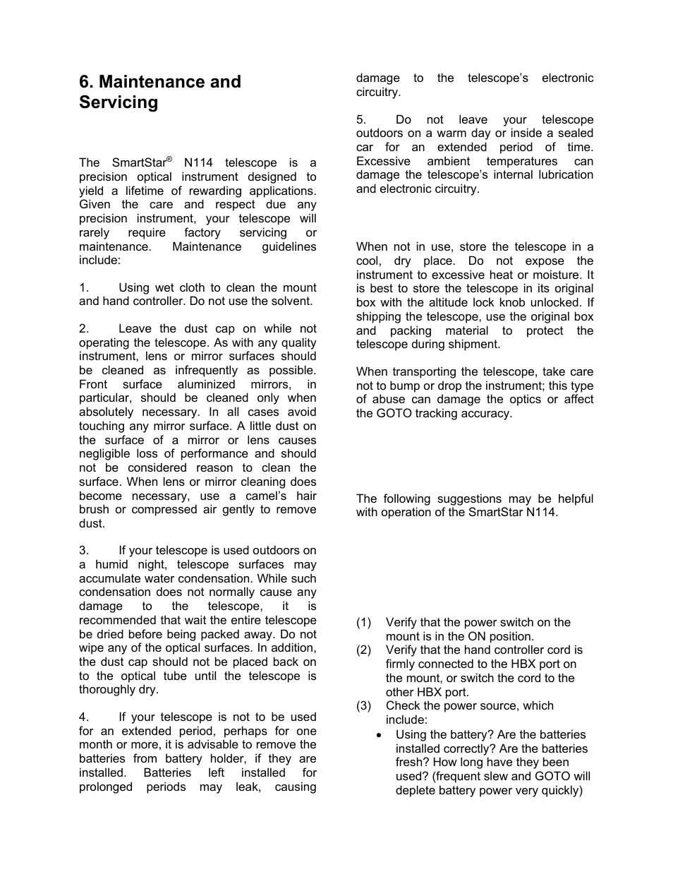 Maintenance and servicing, Maintenance, Storage and transport | Troubleshooting | iOptron SmartStar 9503 User Manual | Page 20 / 38
