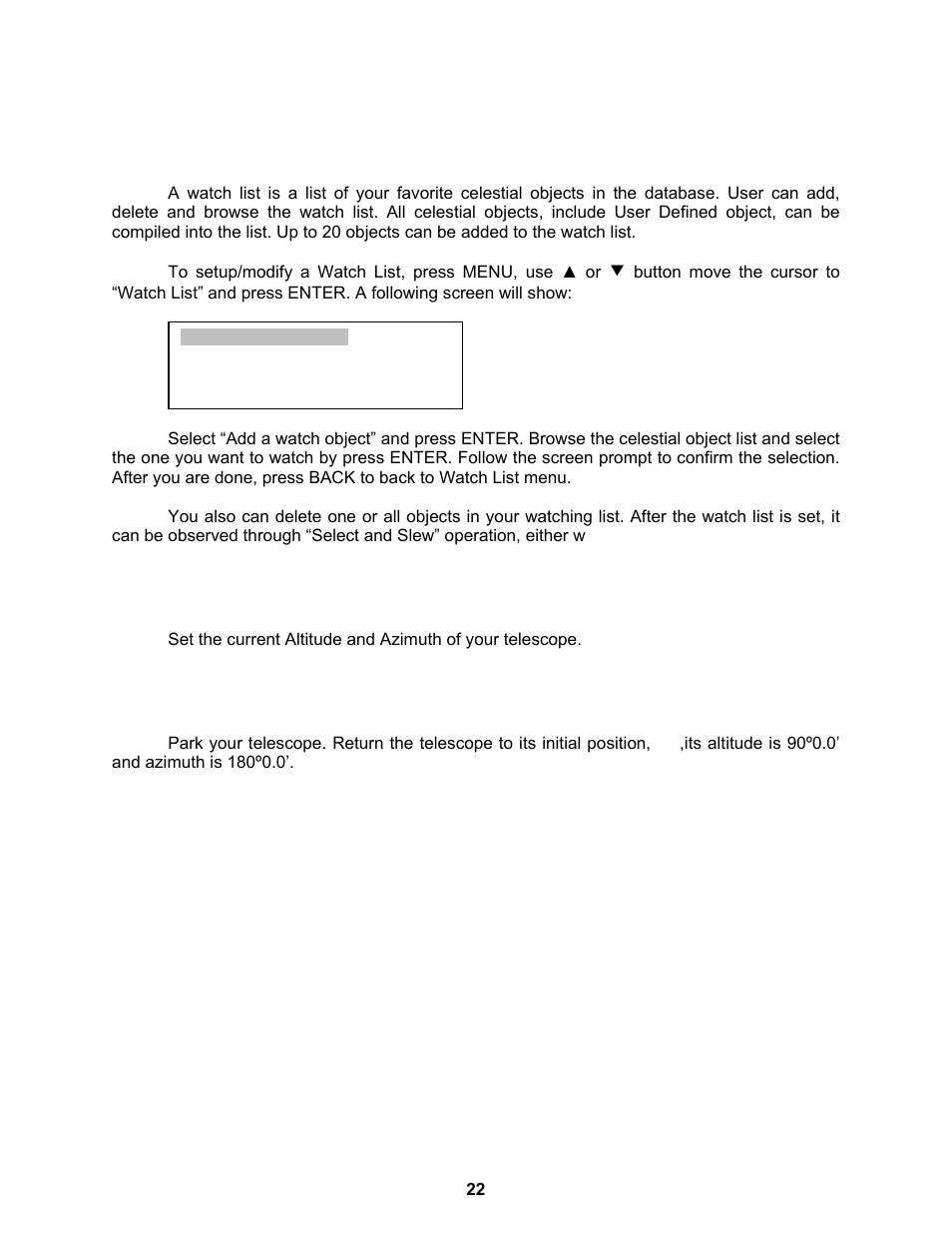 Watch list, Set telescope coord, Park scope | iOptron ASTROBOY 70E User Manual | Page 22 / 47