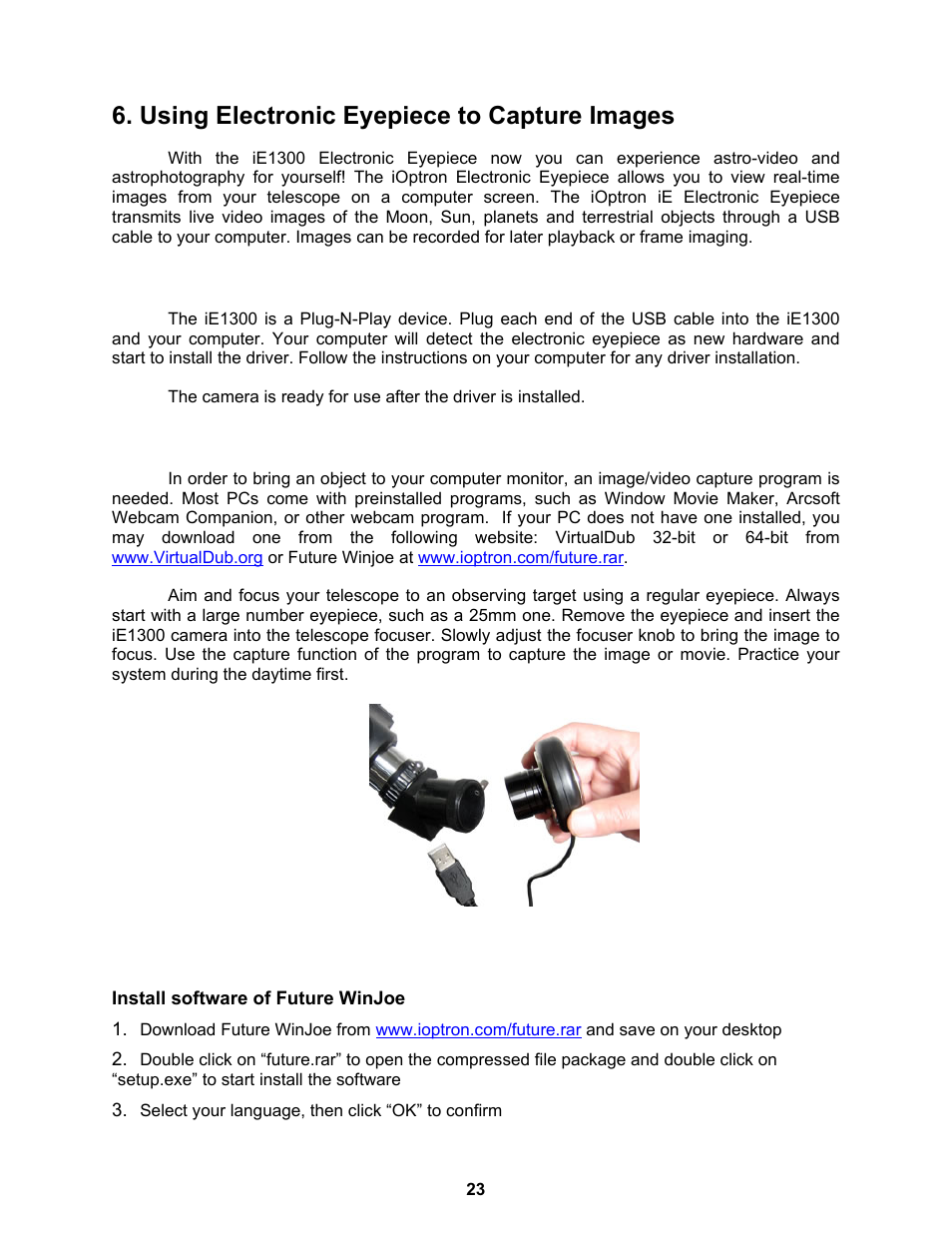 Using electronic eyepiece to capture images | iOptron ASTROBOY 70E User Manual | Page 23 / 47