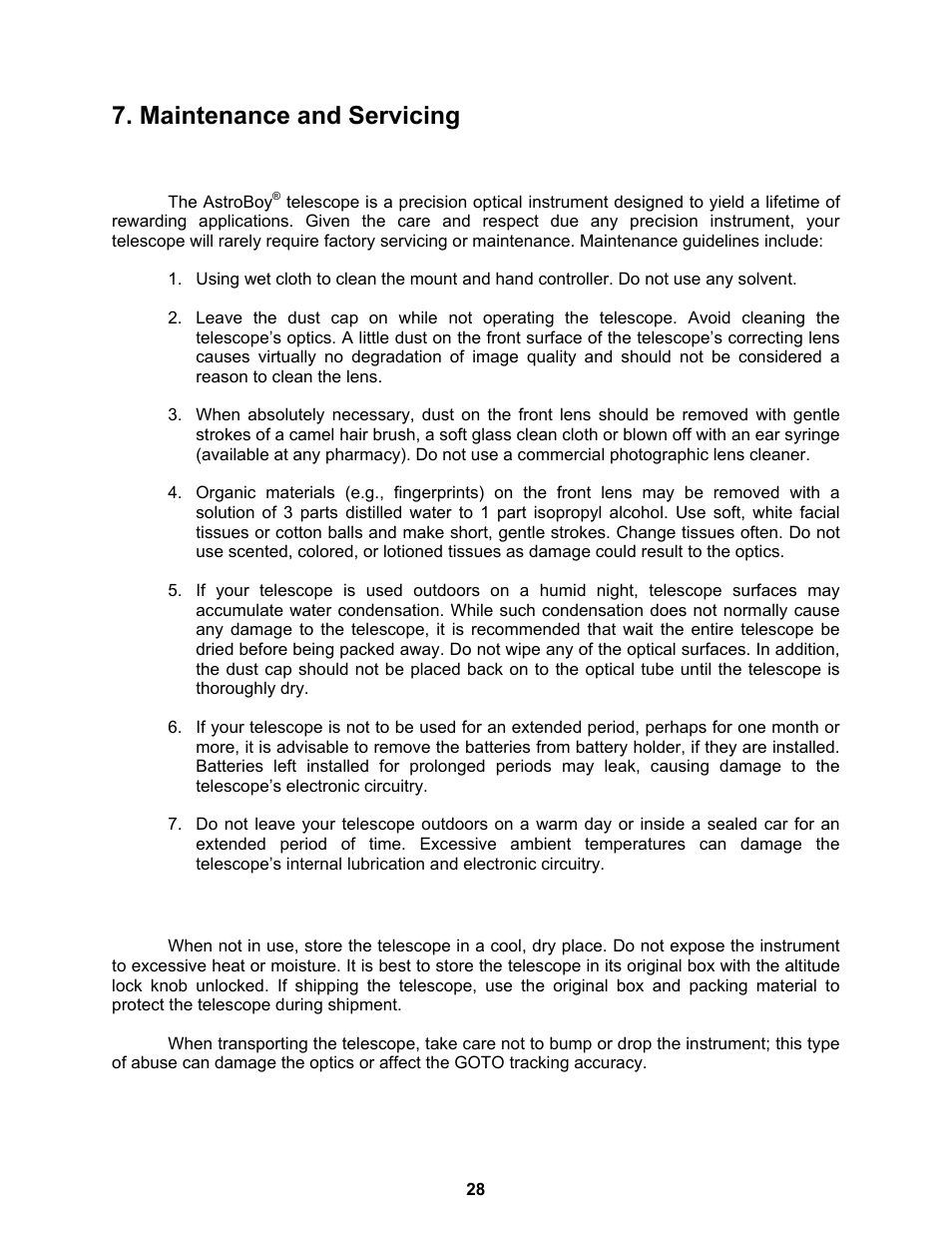 Maintenance and servicing, Maintenance, Storage and transport | iOptron ASTROBOY 70E User Manual | Page 28 / 47