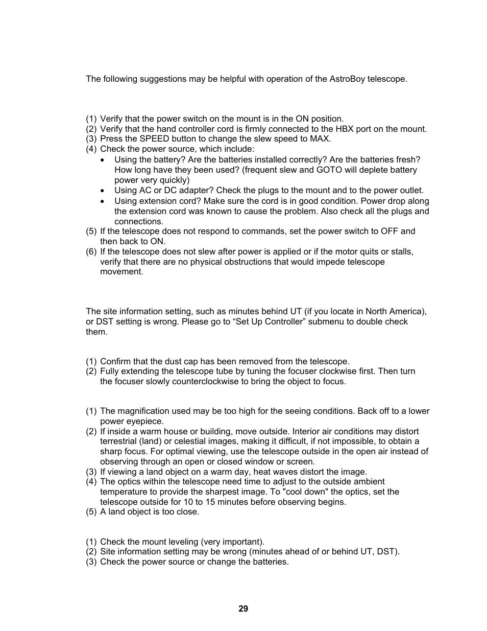 Troubleshooting | iOptron ASTROBOY 70E User Manual | Page 29 / 47
