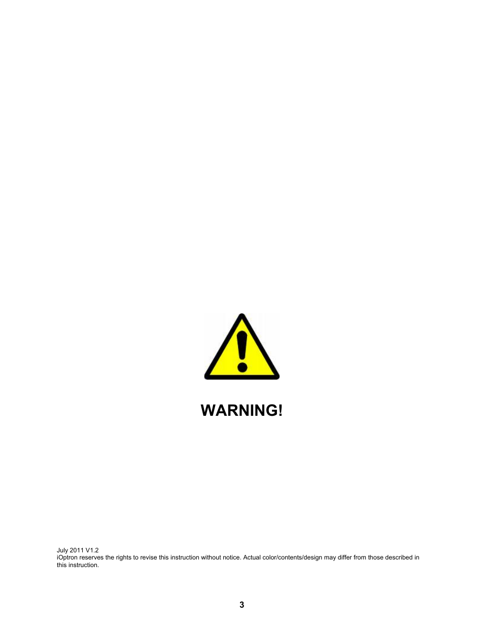 Warning | iOptron ASTROBOY 70E User Manual | Page 3 / 47