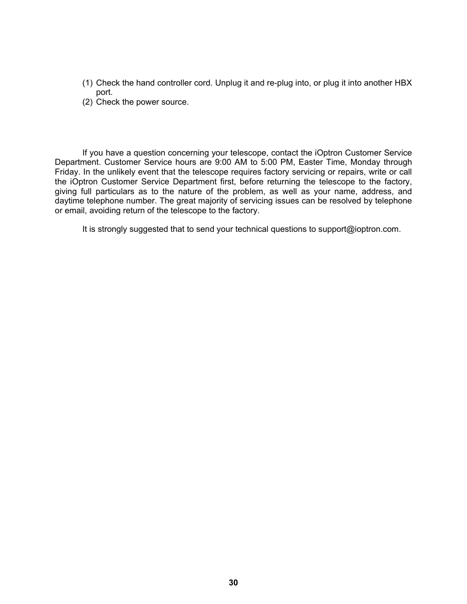 Ioptron customer service | iOptron ASTROBOY 70E User Manual | Page 30 / 47