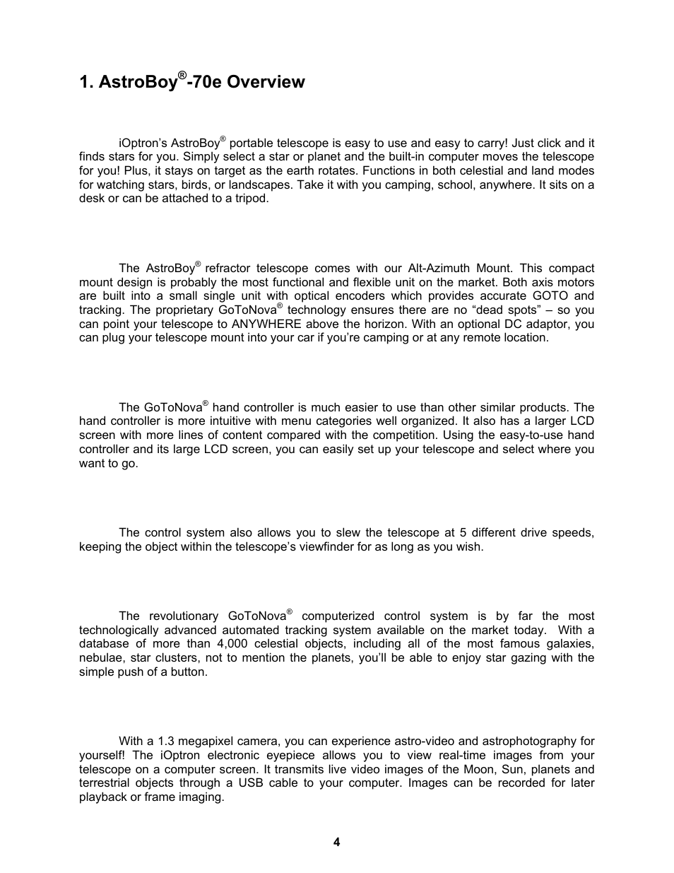 Astroboy, 70e overview, Features | iOptron ASTROBOY 70E User Manual | Page 4 / 47