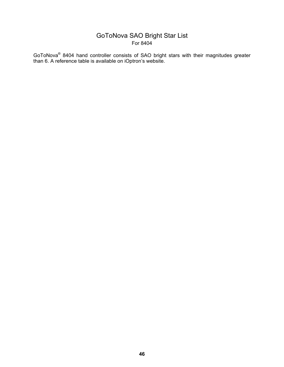 Gotonova sao bright star list | iOptron ASTROBOY 70E User Manual | Page 46 / 47