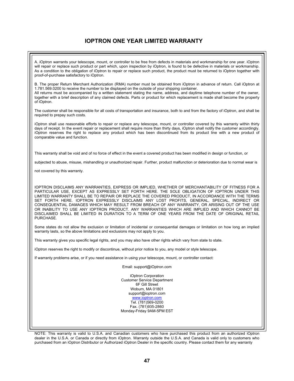 Ioptron one year limited warranty | iOptron ASTROBOY 70E User Manual | Page 47 / 47