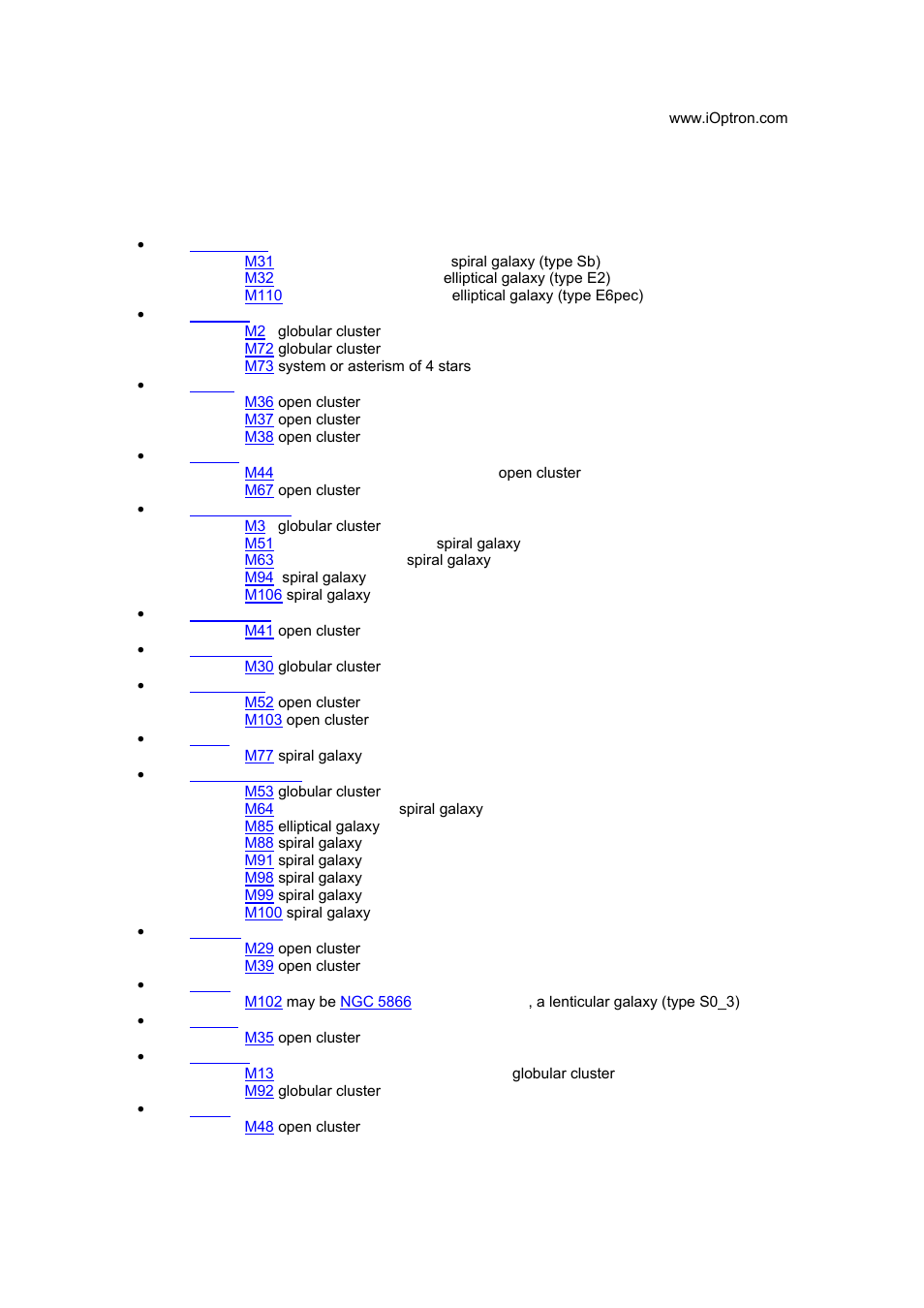 Appendix b messier catalog | iOptron GoToNova 8401 User Manual | Page 19 / 35