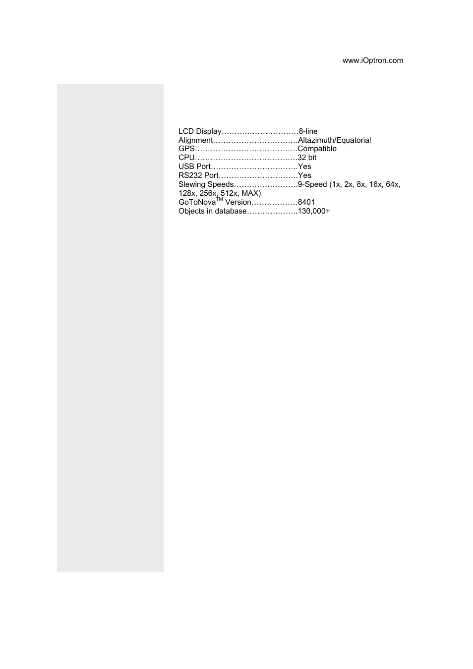 Appendix e specifications | iOptron GoToNova 8401 User Manual | Page 33 / 35