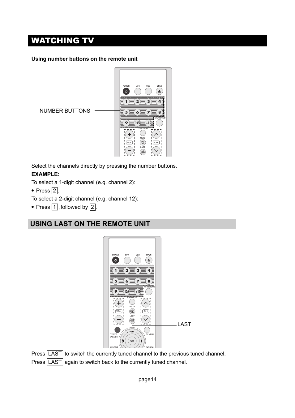 Watching tv, Using last on the remote unit, Using number buttons on the remote unit | Press 1 ,followed by 2, Number buttons, Last | Initial Technology DTV-172 User Manual | Page 17 / 51