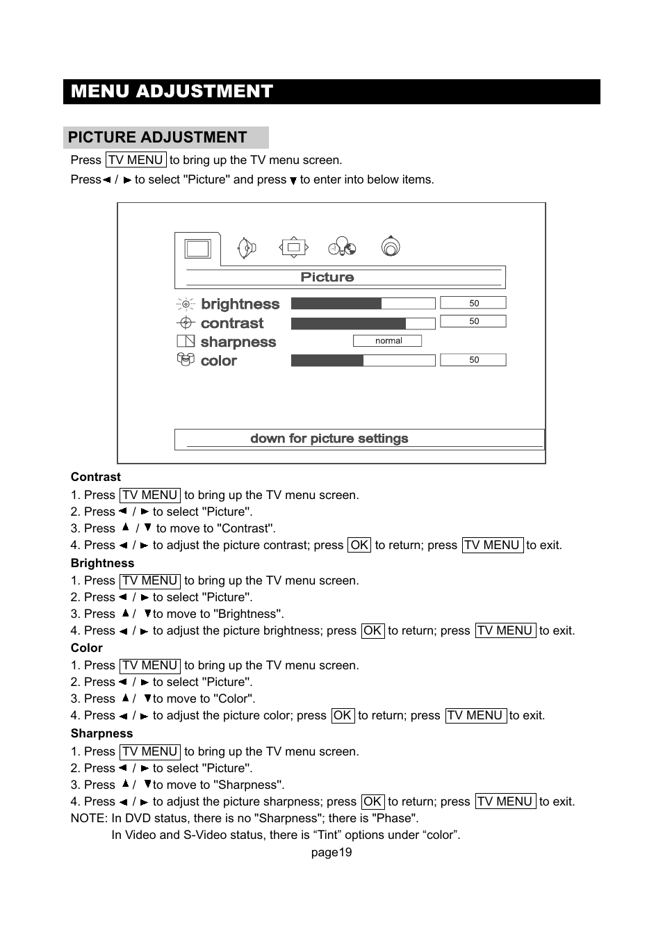 Menu adjustment, Picture adjustment | Initial Technology DTV-172 User Manual | Page 22 / 51