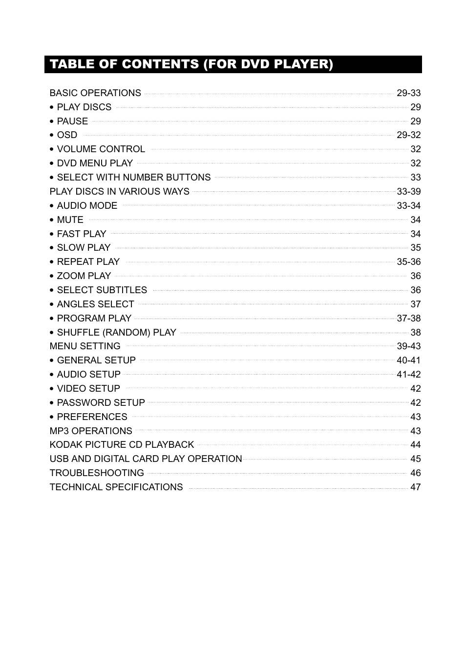 Table of contents (for dvd player) | Initial Technology DTV-172 User Manual | Page 3 / 51