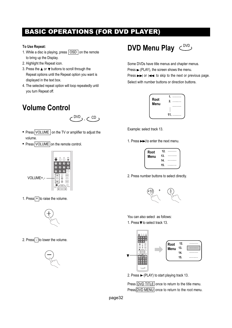 Volume control, Dvd menu play, Basic operations (for dvd player) | Page32, Root menu, Root menu root menu dvd +10 3 | Initial Technology DTV-172 User Manual | Page 35 / 51