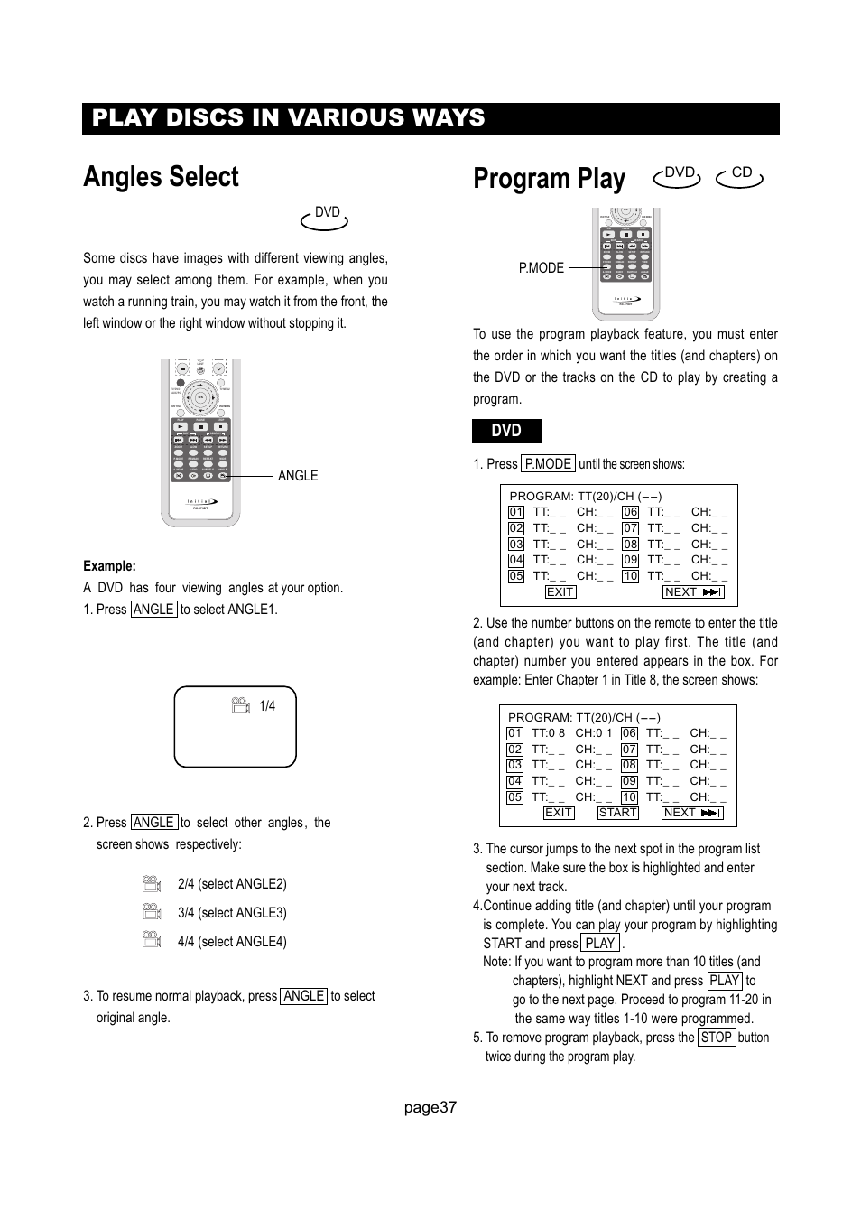Angles select, Program play, Play discs in various ways | Page37, P.mode | Initial Technology DTV-172 User Manual | Page 40 / 51