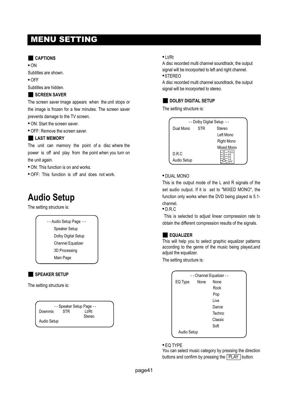 Audio setup, Menu setting | Initial Technology DTV-172 User Manual | Page 44 / 51