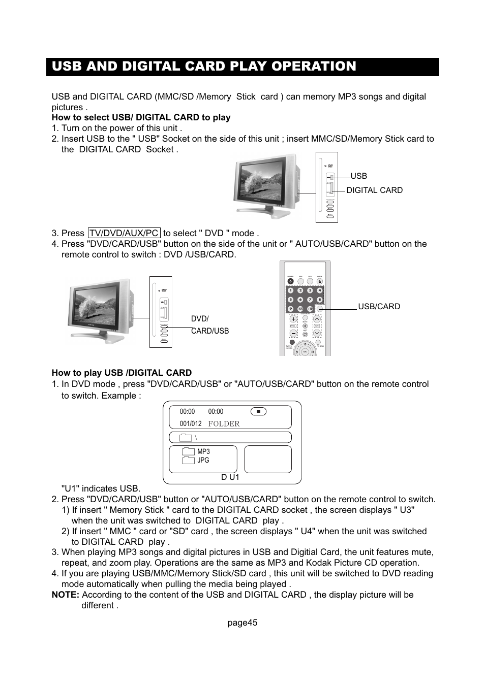 Usb and digital card play operation, Page45, Usb digital card | Dvd/ card/usb usb/card, D u1 | Initial Technology DTV-172 User Manual | Page 48 / 51