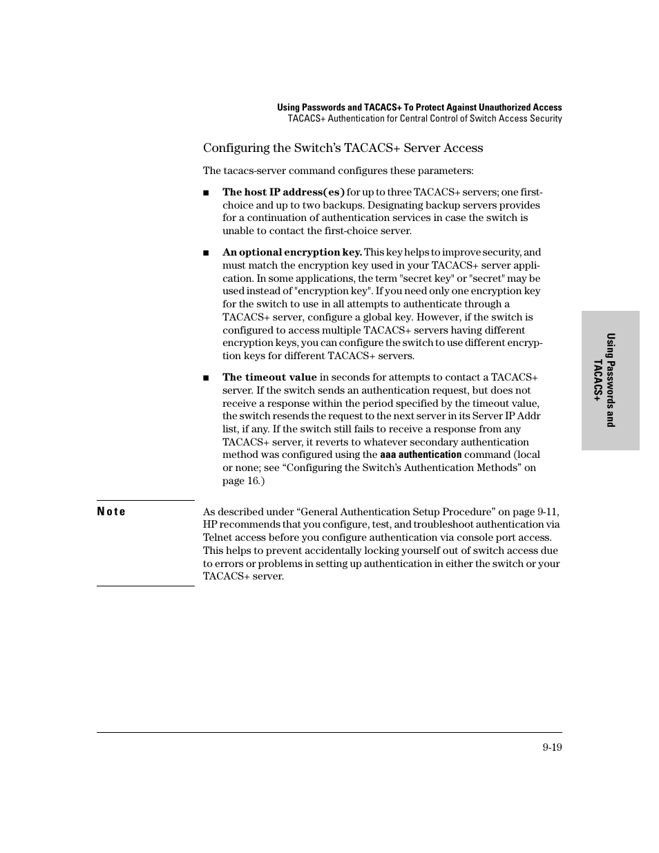 Configuring the switch’s tacacs+ server access, Configuring the switch’s tacacs+ server access -19, E 19 | IronPort Systems 4108GL User Manual | Page 173 / 483