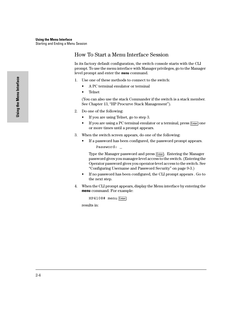 How to start a menu interface session, How to start a menu interface session -4 | IronPort Systems 4108GL User Manual | Page 28 / 483