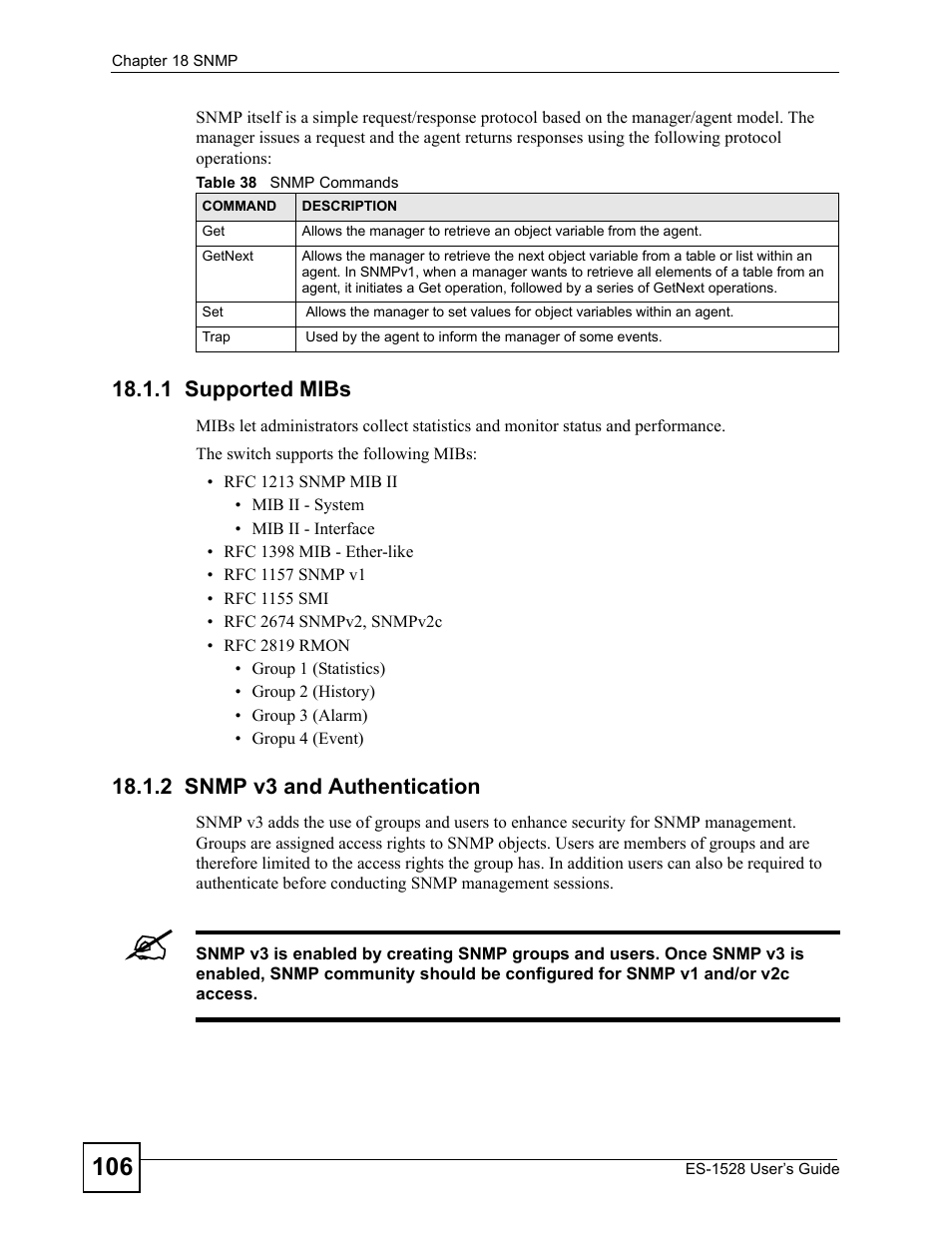 1 supported mibs, 2 snmp v3 and authentication, 1 supported mibs 18.1.2 snmp v3 and authentication | Table 38 snmp commands | IronPort Systems ES-1528 User Manual | Page 106 / 170