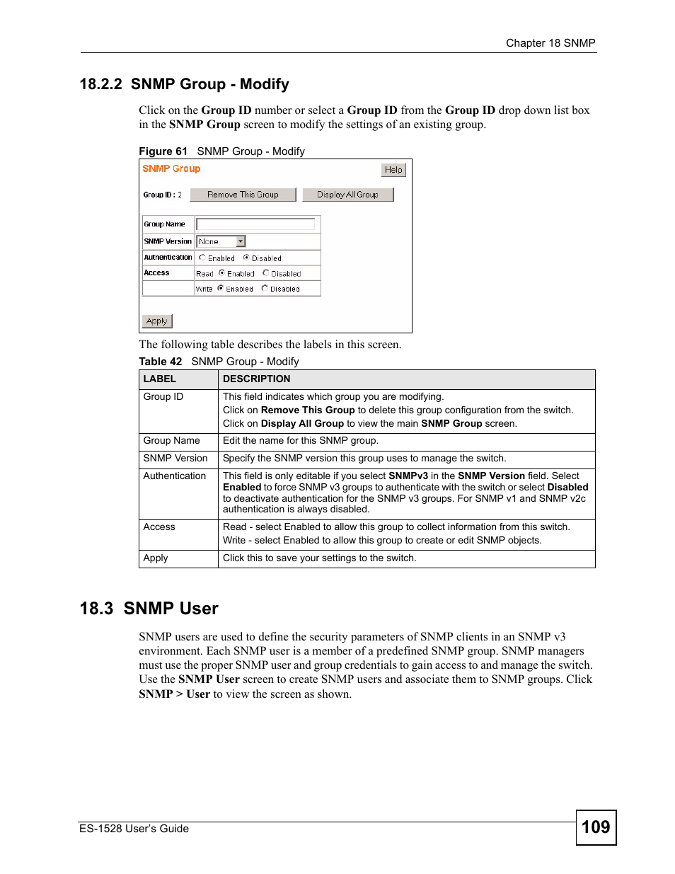 2 snmp group - modify, 3 snmp user, Figure 61 snmp group - modify | Table 42 snmp group - modify | IronPort Systems ES-1528 User Manual | Page 109 / 170