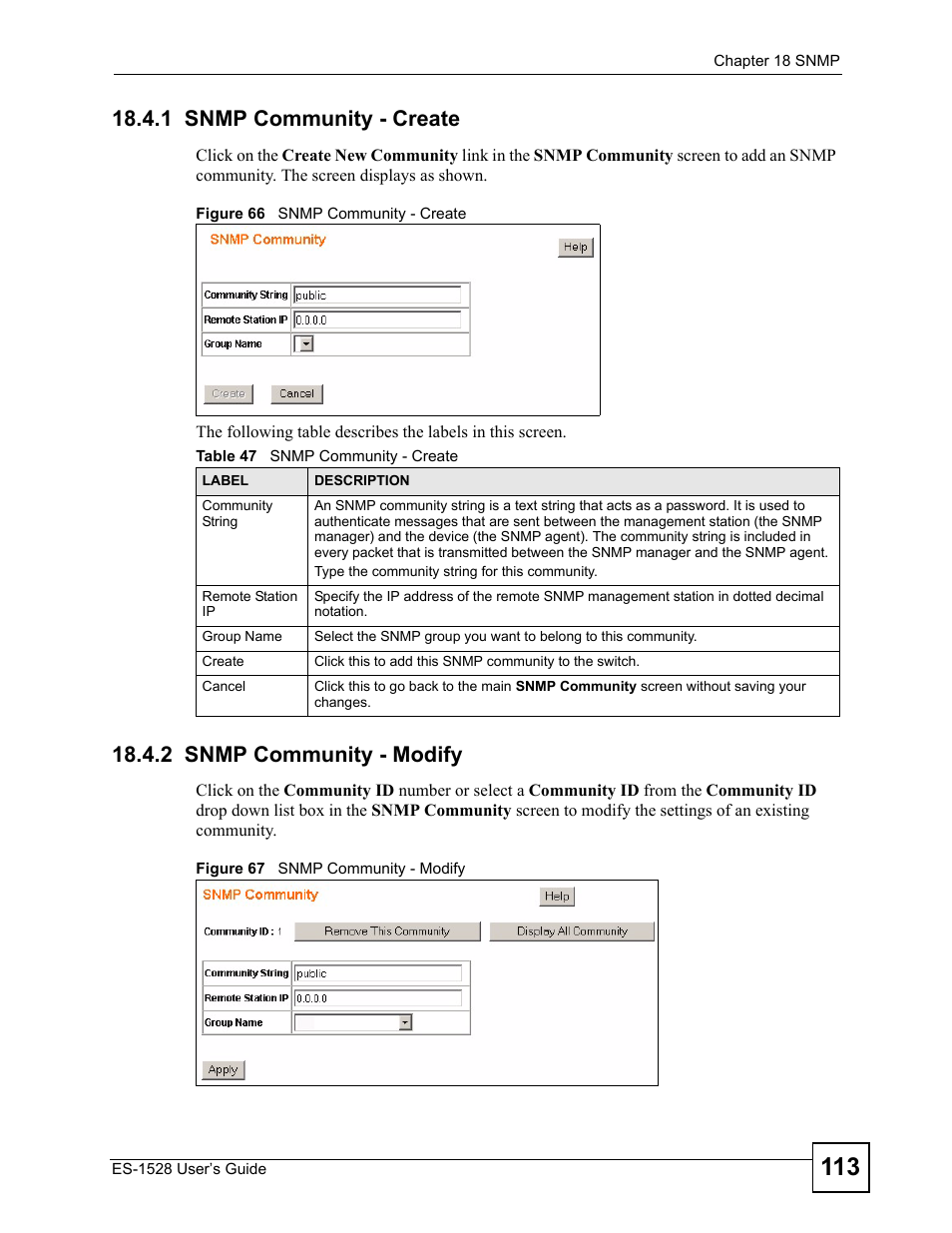 1 snmp community - create, 2 snmp community - modify, Table 47 snmp community - create | IronPort Systems ES-1528 User Manual | Page 113 / 170
