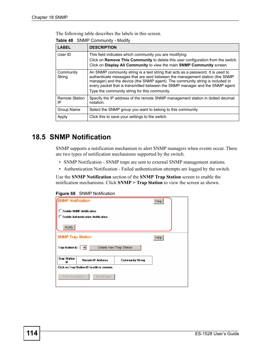 5 snmp notification, Figure 68 snmp notification, Table 48 snmp community - modify | IronPort Systems ES-1528 User Manual | Page 114 / 170