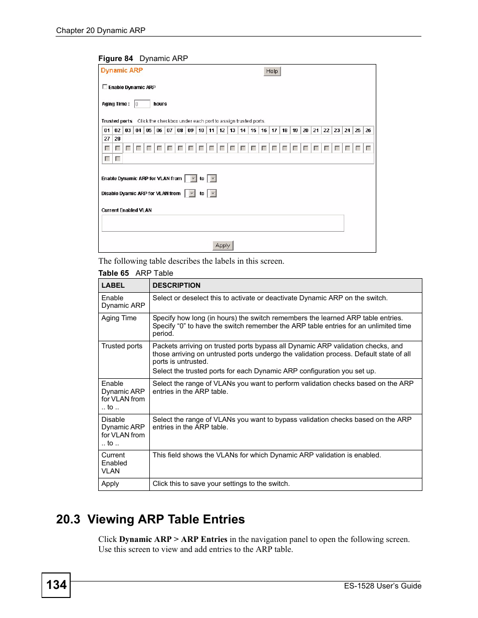 3 viewing arp table entries, Figure 84 dynamic arp, Table 65 arp table | IronPort Systems ES-1528 User Manual | Page 134 / 170