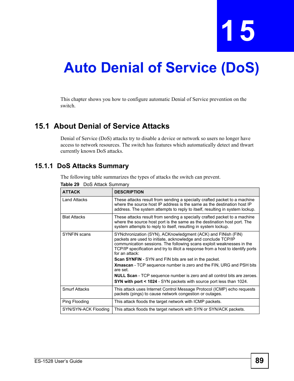 Auto denial of service (dos), 1 about denial of service attacks, 1 dos attacks summary | Chapter 15 auto denial of service (dos), Table 29 dos attack summary, Auto denial of service (dos) (89) | IronPort Systems ES-1528 User Manual | Page 89 / 170