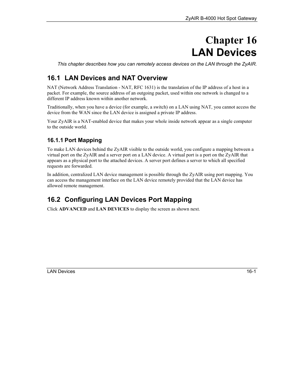 Lan devices, Lan devices and nat overview, Configuring lan devices port mapping | Chapter 16 lan devices | IronPort Systems ZyAIR B-4000 User Manual | Page 143 / 256