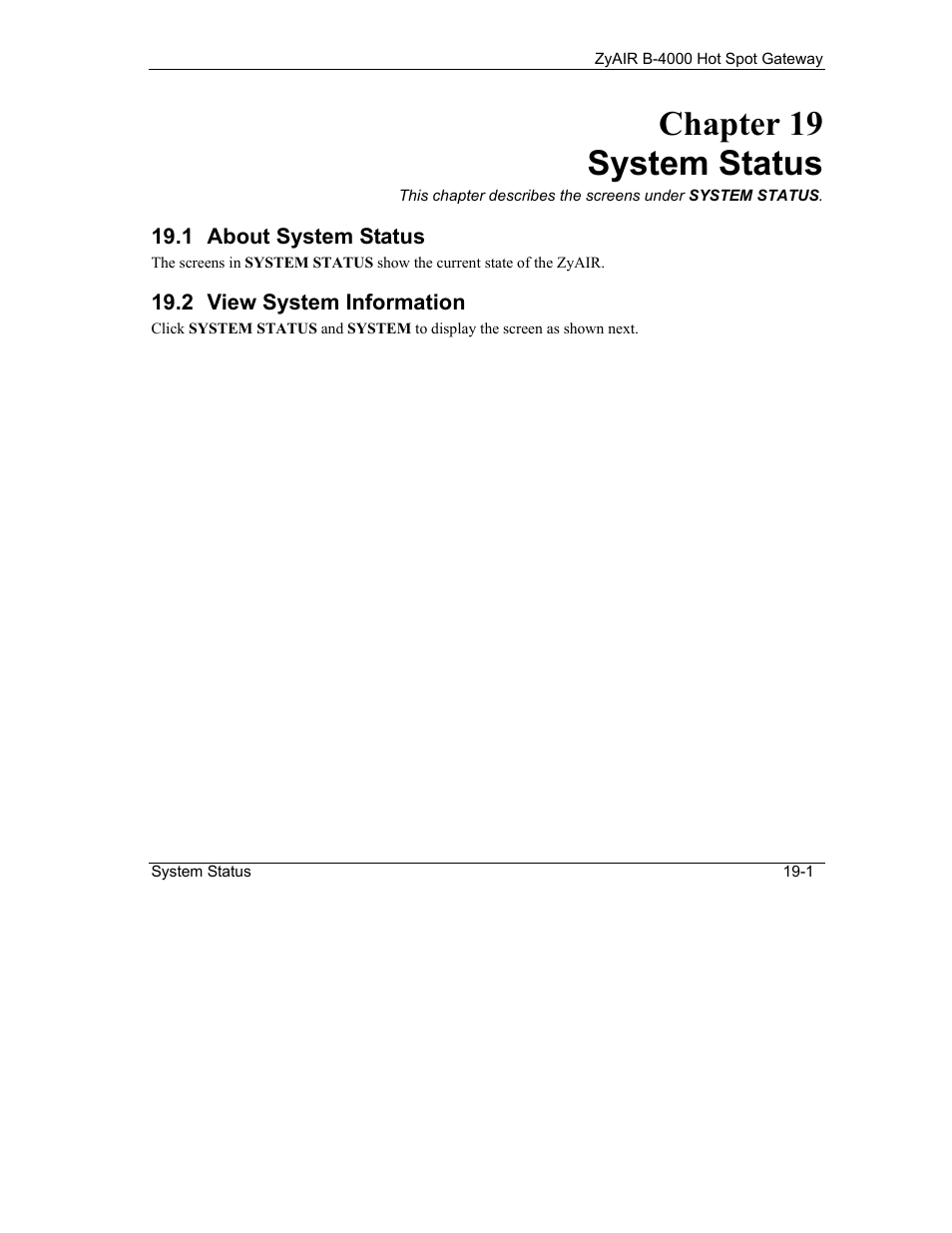 System status, About system status, View system information | Chapter 19 system status | IronPort Systems ZyAIR B-4000 User Manual | Page 169 / 256