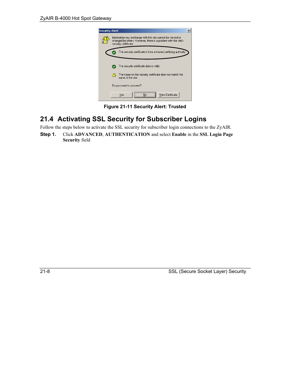 Activating ssl security for subscriber logins, 4 activating ssl security for subscriber logins | IronPort Systems ZyAIR B-4000 User Manual | Page 200 / 256